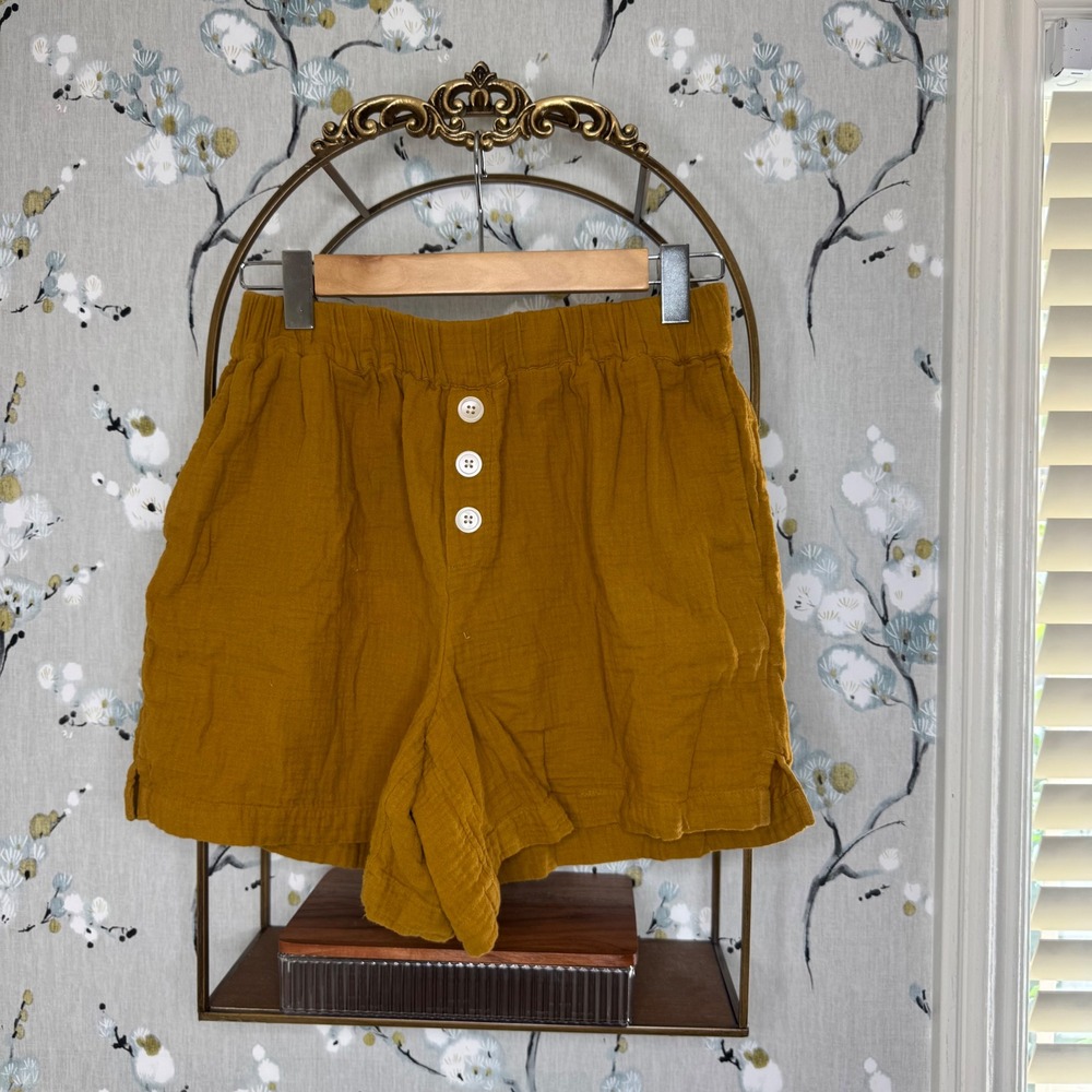 Madewell Womens Mustard Yellow Cotton Double Gauze Pull On Button Fly Shorts S
